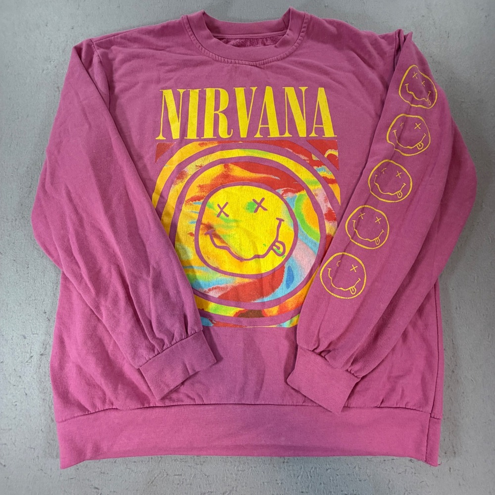 Nirvana Smiley Face Tie Dye Crewneck Sweatshirt Pink Graphic Men's L